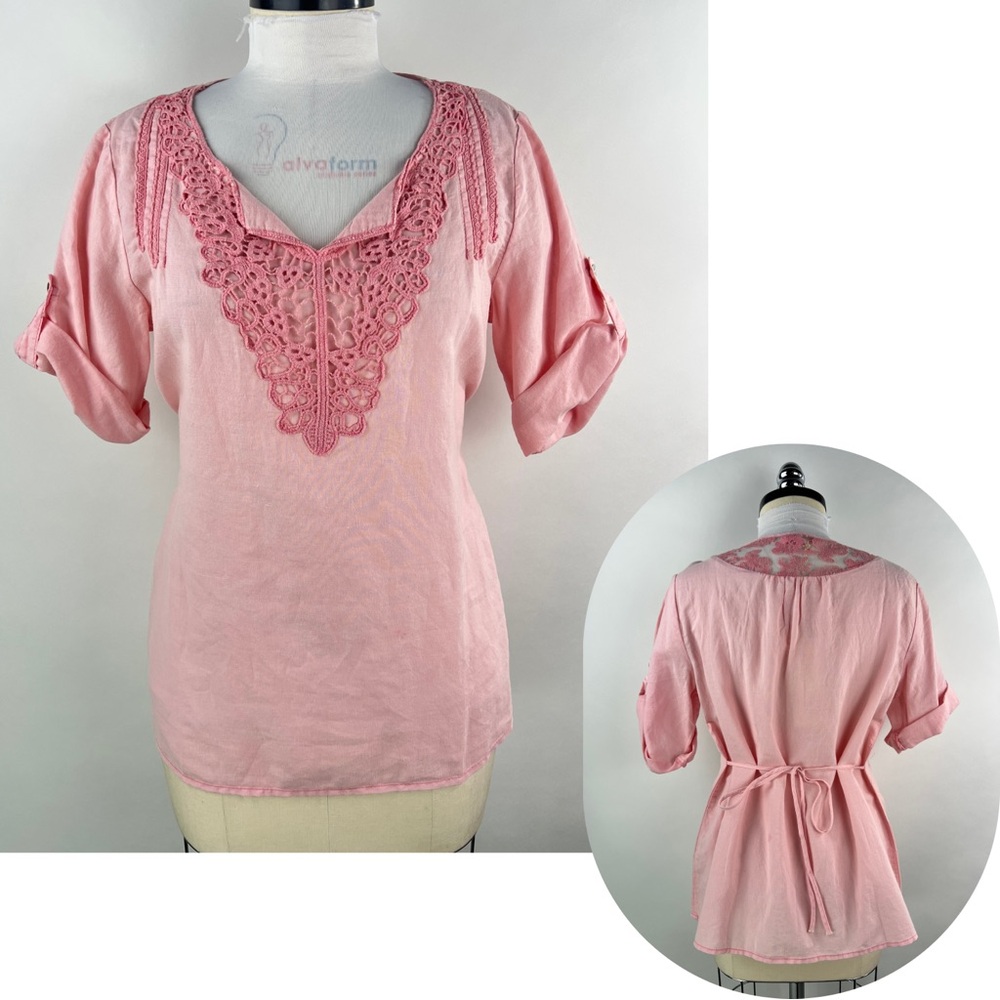 💚 3072. Pink Dyed Ramie Cotton Tie Back Blouse